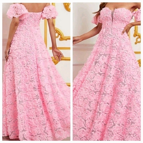 PINK PARTY PUFF SLEEVE,  FLORAL, off the shoulder,  Contrast Mesh, a lin… - Picture 1 of 9